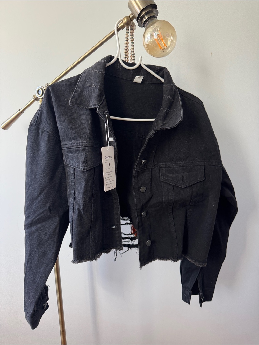 Women’s Black Cropped Distressed Denim Jacket - Small